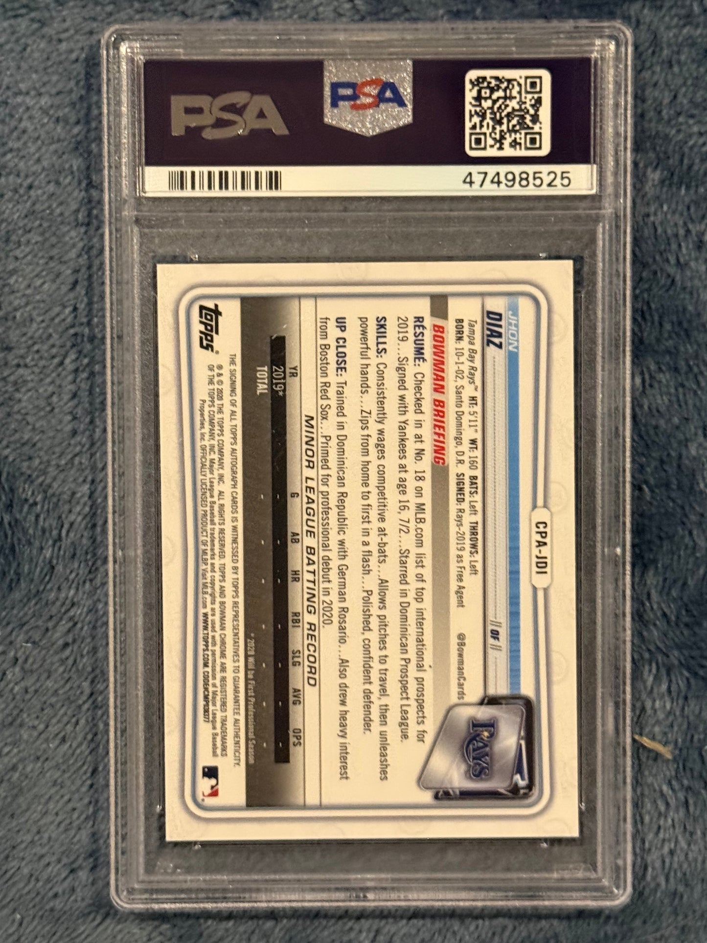 2020 Bowman Chrome Jhon Diaz Purple Refractor Auto /250 PSA 10