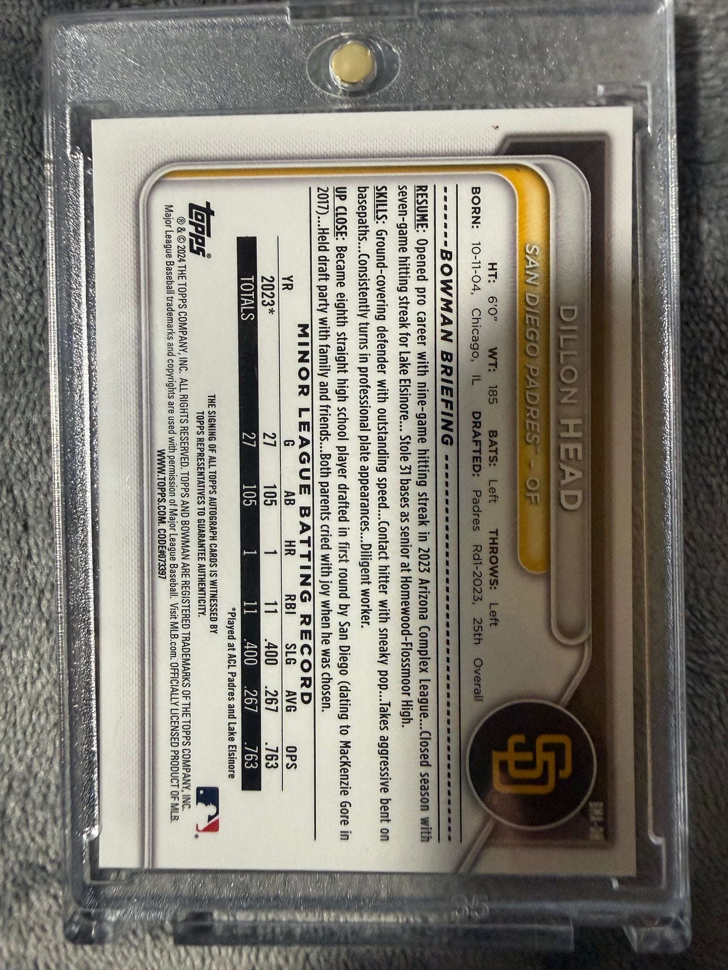 Bowman Chrome Dillon Head Mojo Refractor 1st Bowman Auto Padres