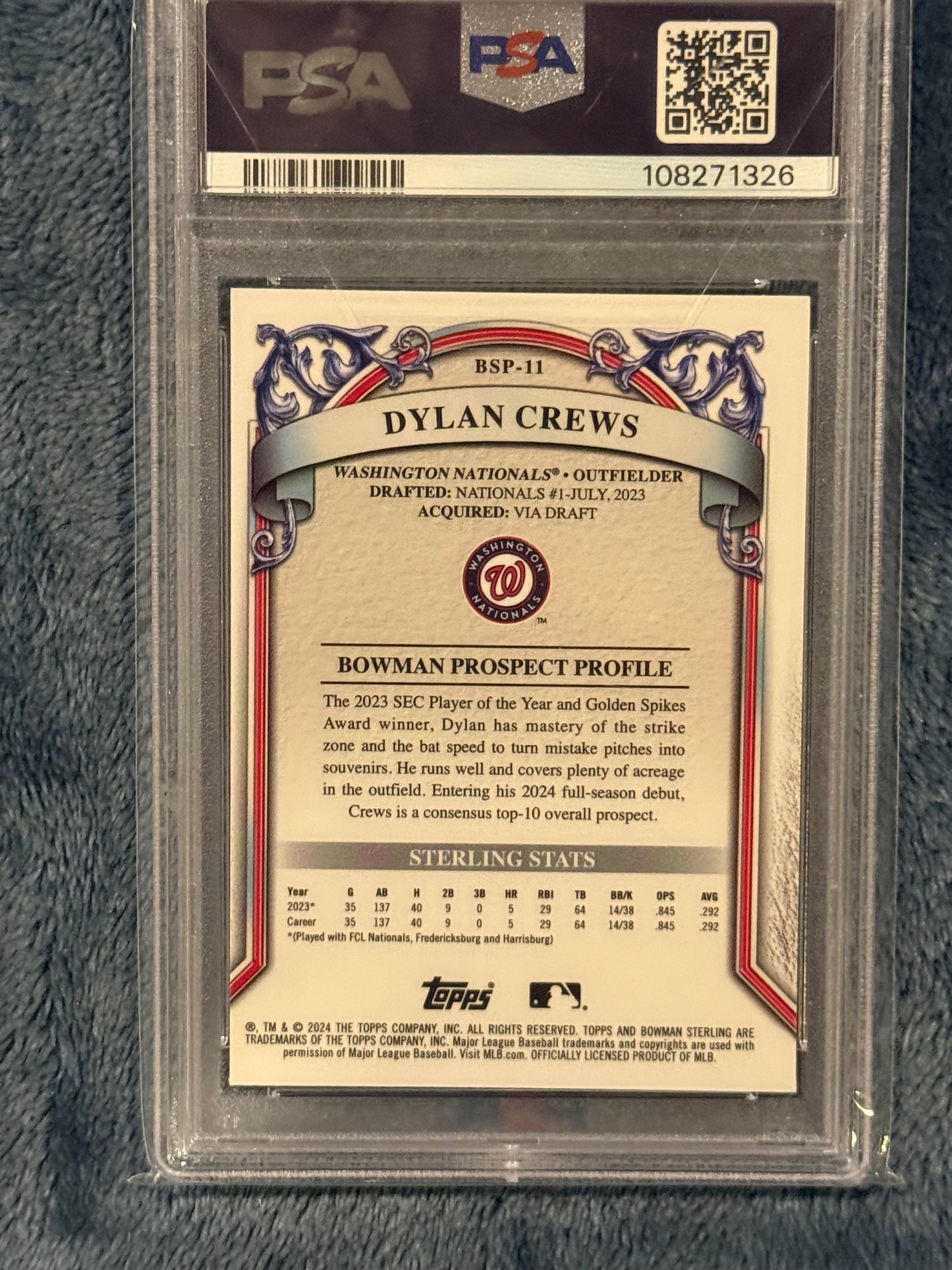 2024 Bowman Sterling Dylan Crews Speckle Refractor PSA 10