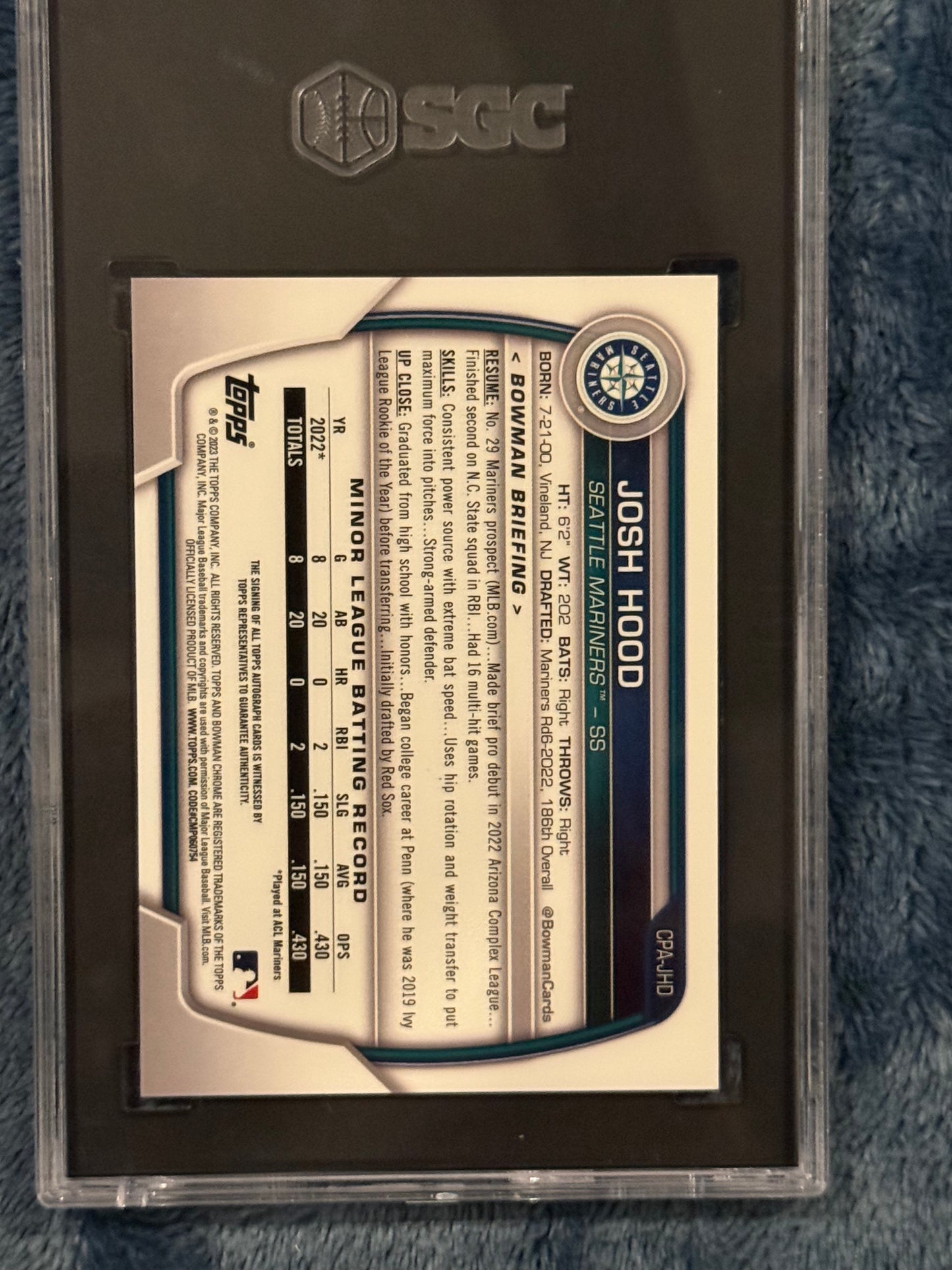 2023 Bowman Chrome Josh Hood Blue Lunar Refractor Auto /150 SGC 10/10