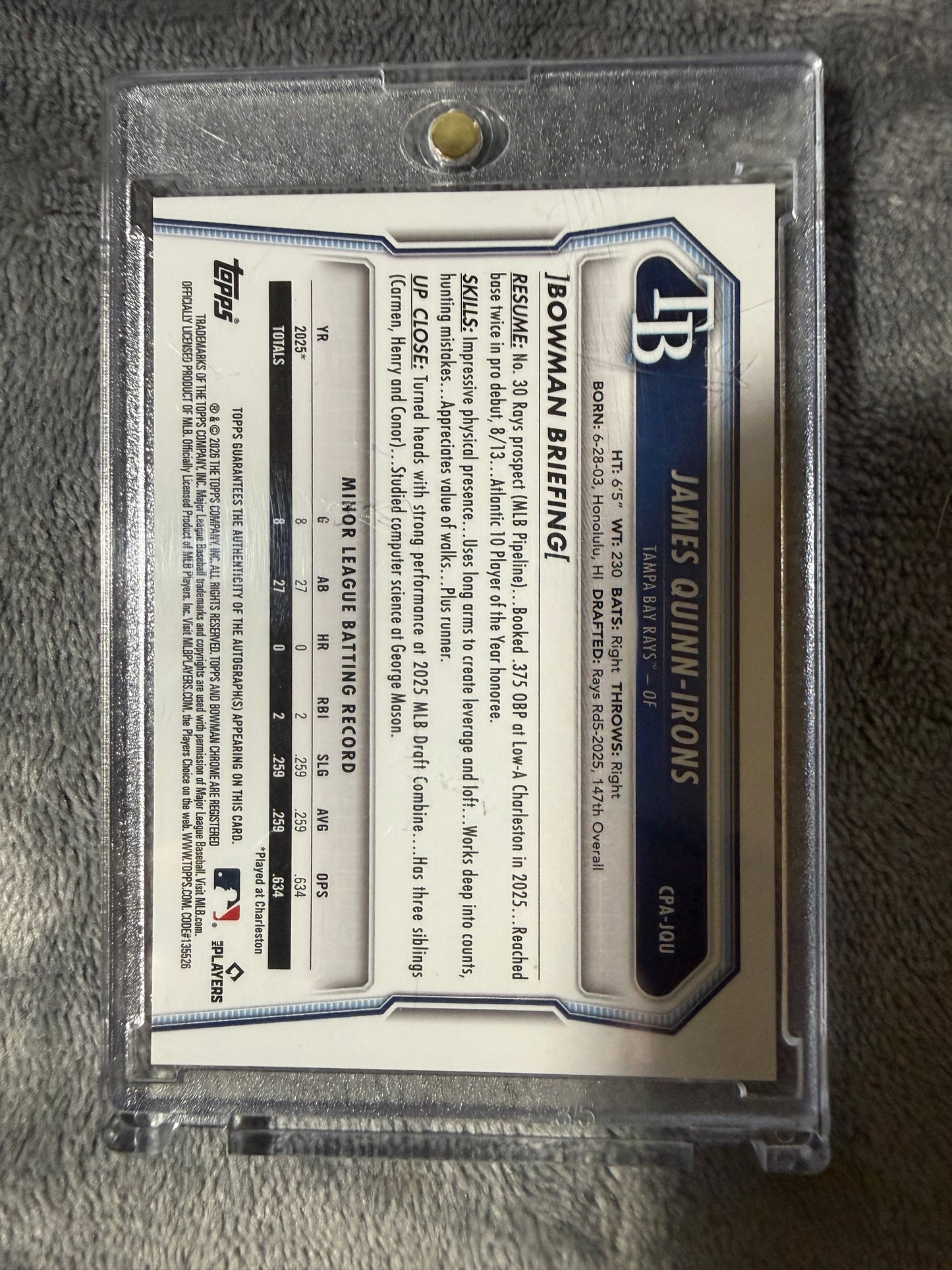 Bowman Chrome James Quinn-Irons 1st Bowman Auto Tampa Bay Rays